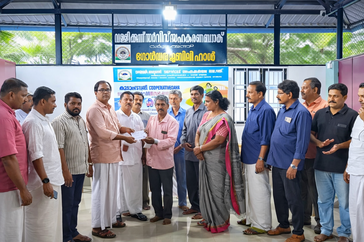 Friendly bank staff assisting customers